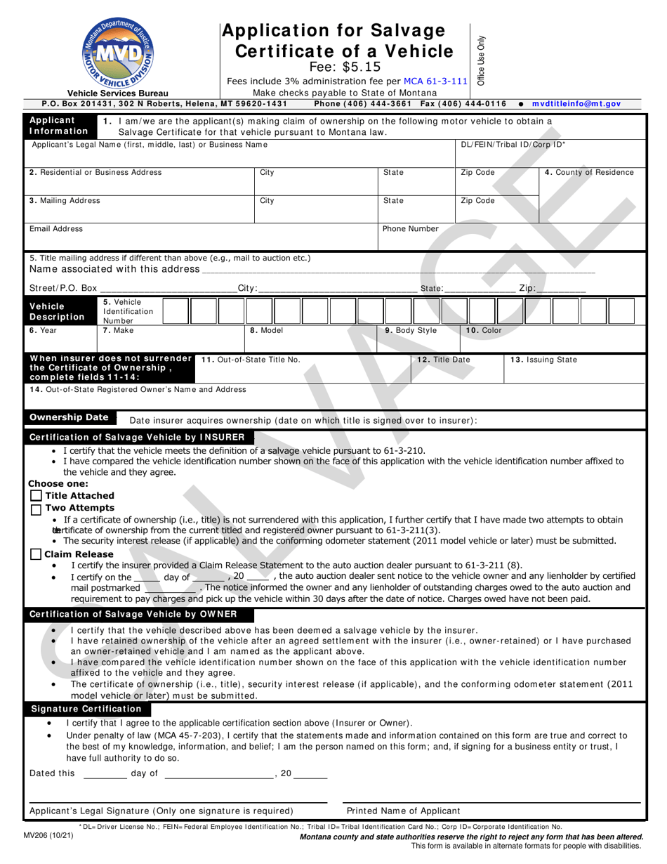 Form MV206 Application for Salvage Certificate of a Vehicle - Montana, Page 1