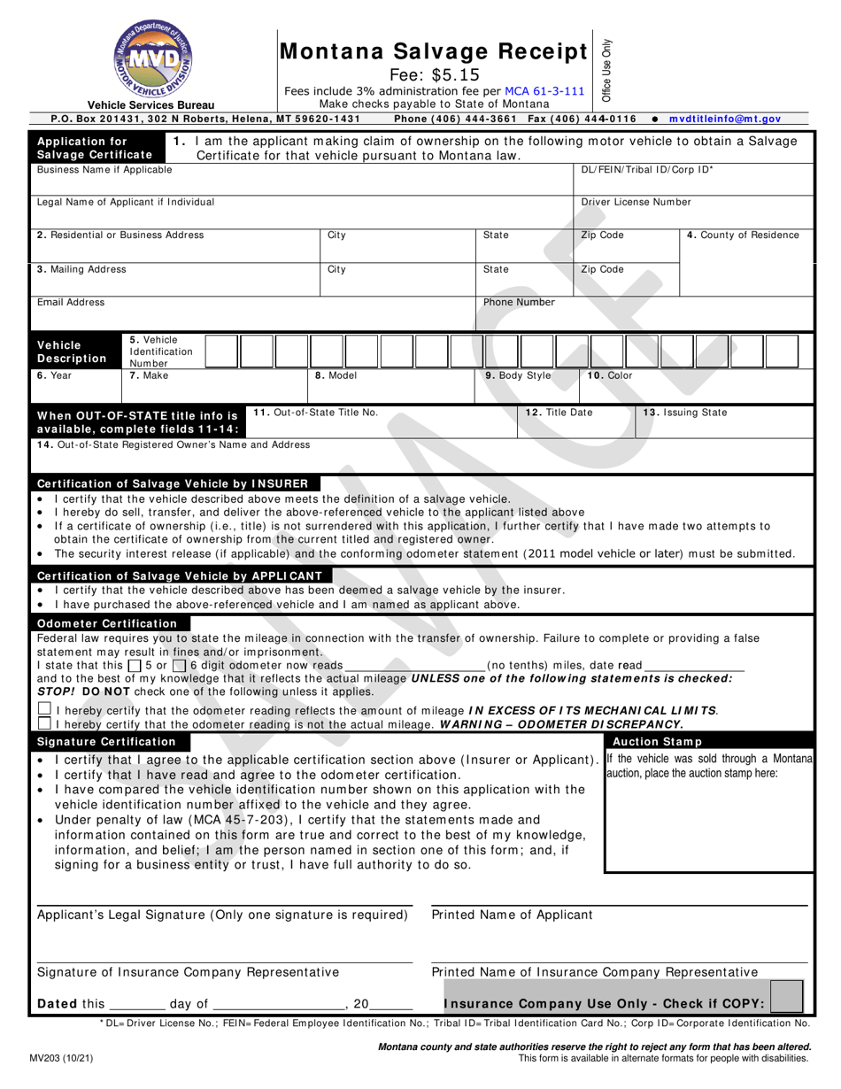 form mv203 download fillable pdf or fill online montana salvage receipt montana templateroller
