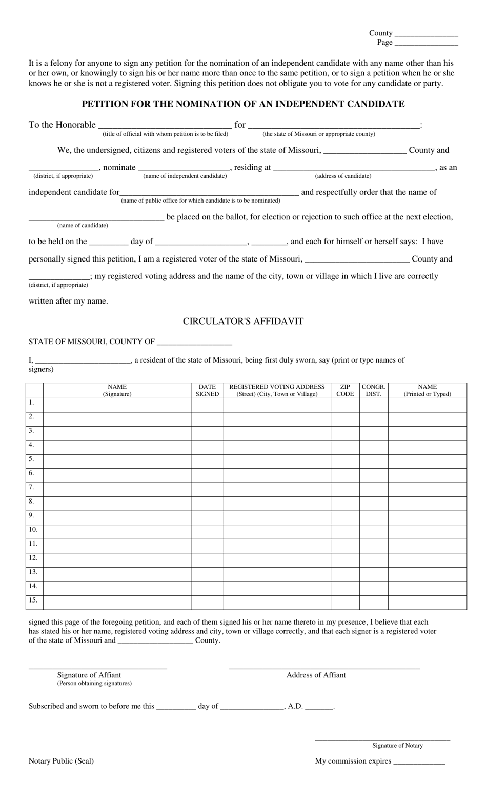 Petition for the Nomination of an Independent Candidate - Missouri, Page 1