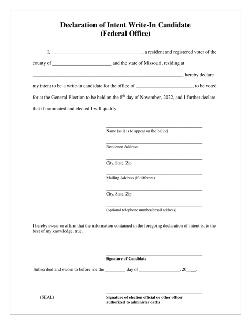 Declaration of Intent Write-In Candidate (Federal Office) - Missouri Download Pdf