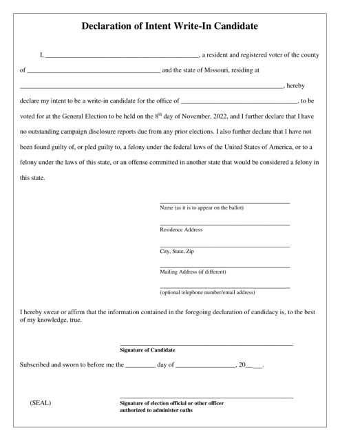 Declaration of Intent Write-In Candidate - Missouri Download Pdf