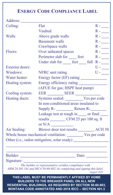 Energy Code Compliance Label - Montana Download Pdf