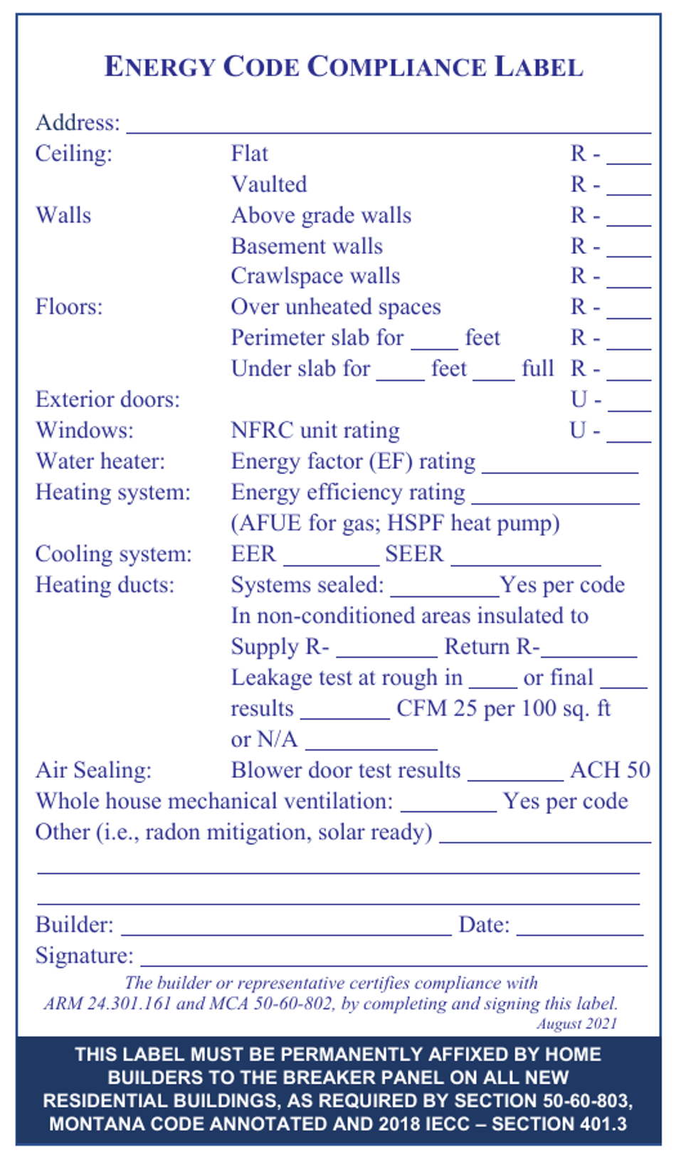 Energy Code Compliance Label - Montana, Page 1