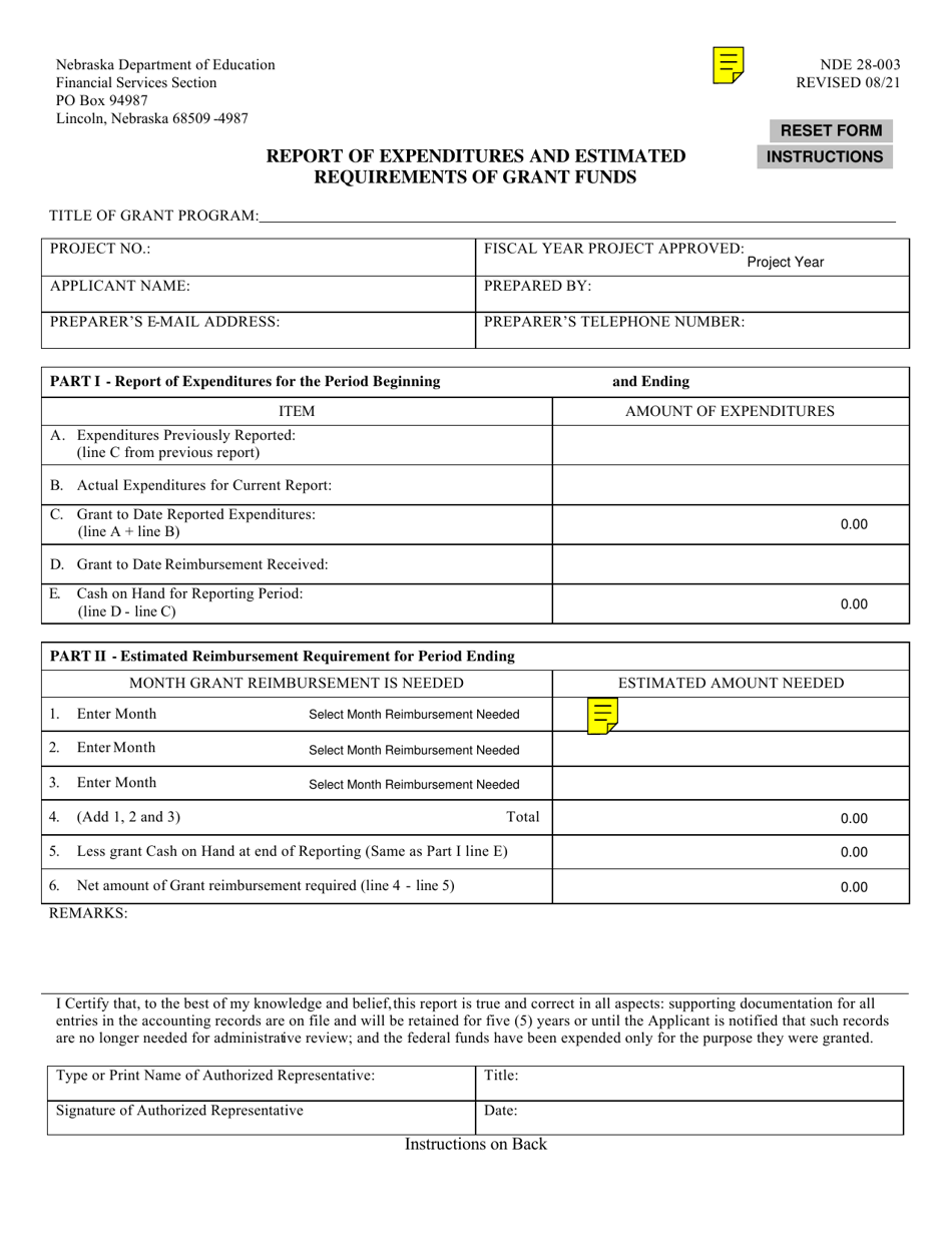 Form NDE28-003 Report of Expenditures and Estimated Requirements of Grant Funds - Nebraska, Page 1