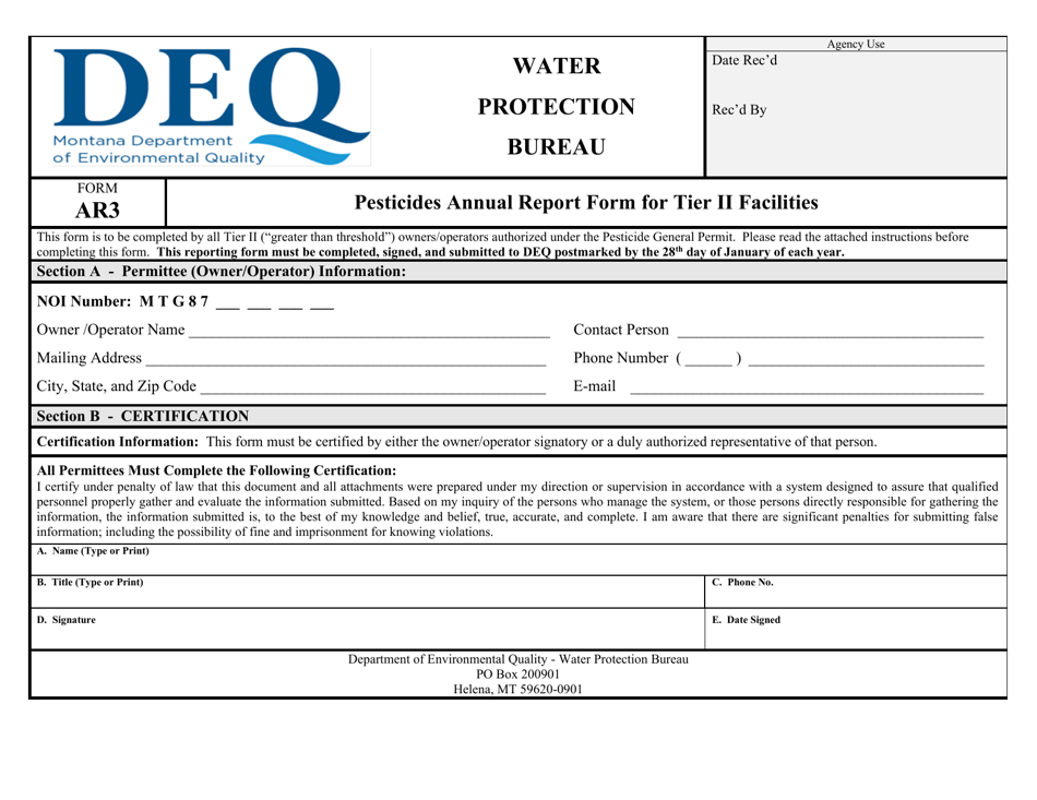 Form AR3 Pesticides Annual Report Form for Tier II Facilities - Montana, Page 1