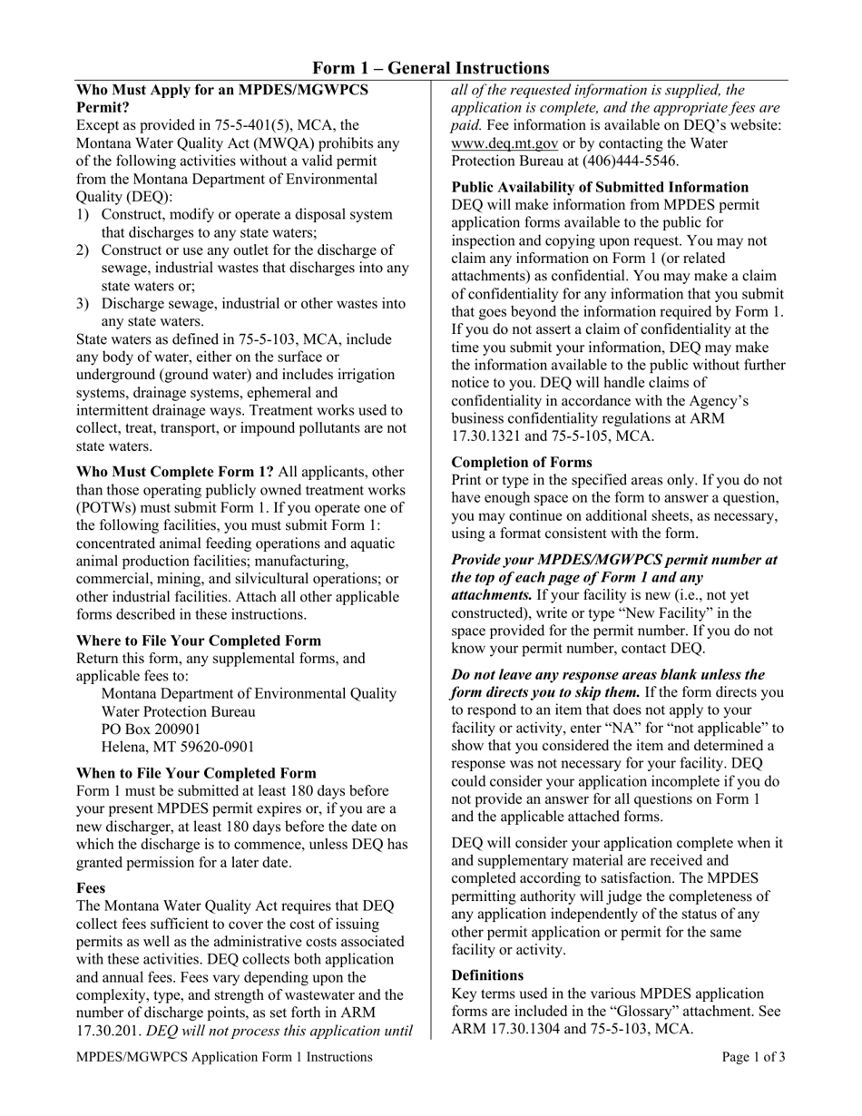 Instructions for MPDES Form 1 General Information - Montana, Page 1