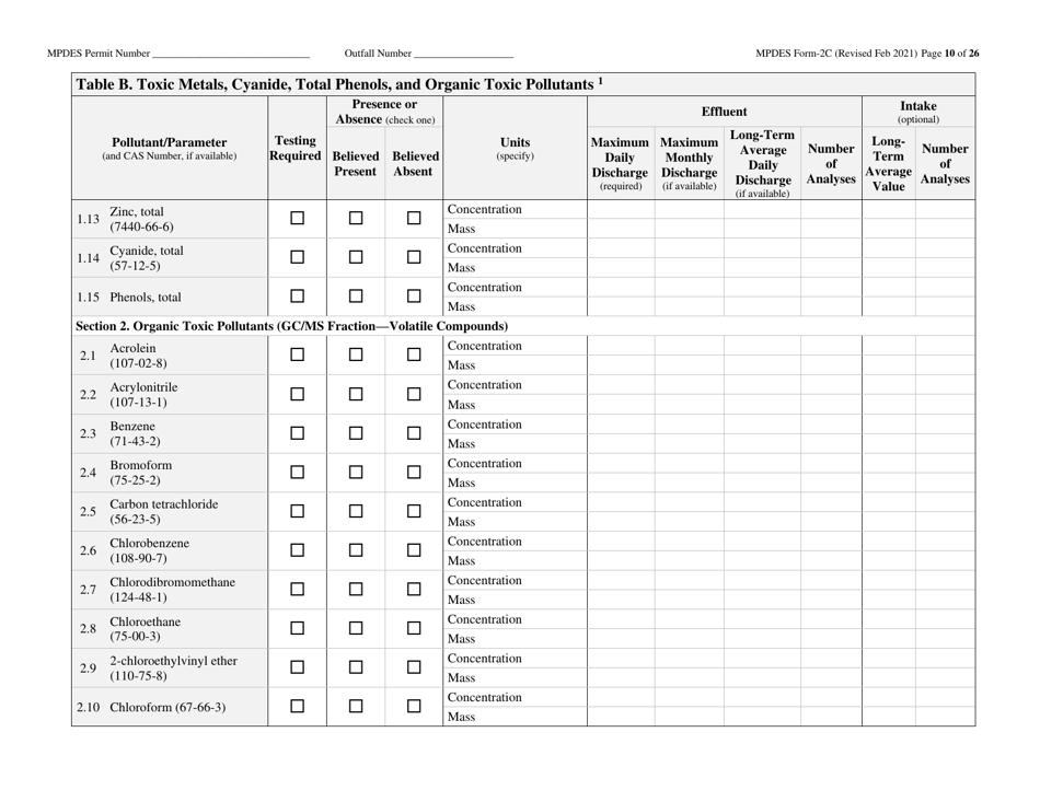 MPDES Form 2C Existing Manufacturing, Commercial, Mining, and Silviculture Operations - Montana, Page 10