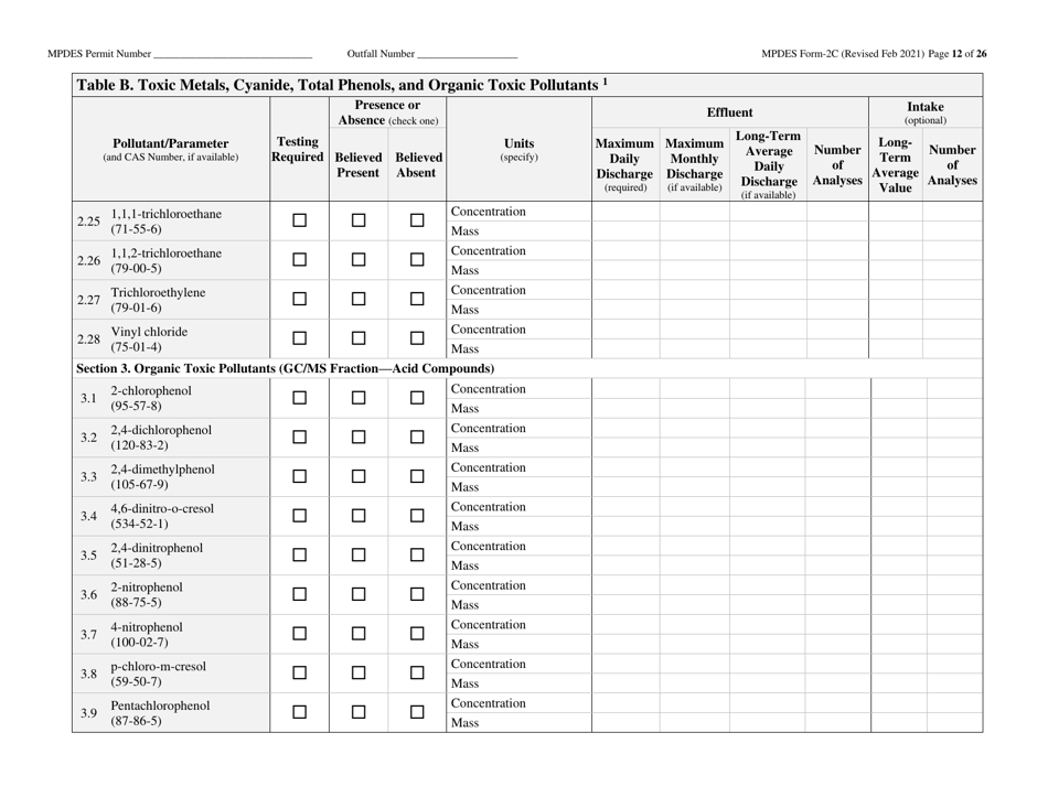 MPDES Form 2C Existing Manufacturing, Commercial, Mining, and Silviculture Operations - Montana, Page 12