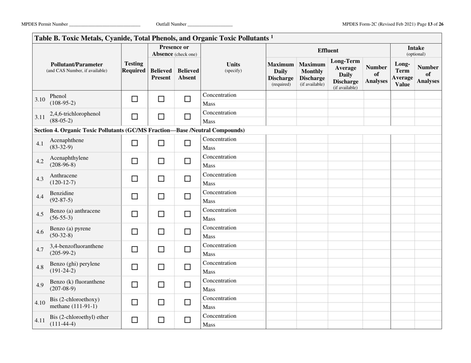 MPDES Form 2C Existing Manufacturing, Commercial, Mining, and Silviculture Operations - Montana, Page 13