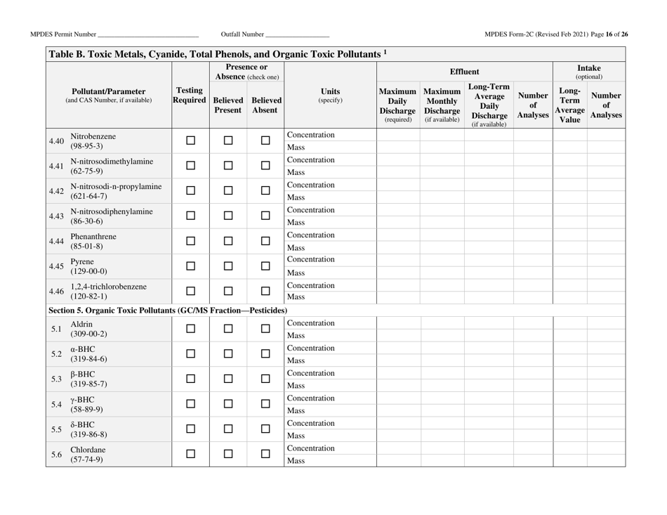 MPDES Form 2C Existing Manufacturing, Commercial, Mining, and Silviculture Operations - Montana, Page 16