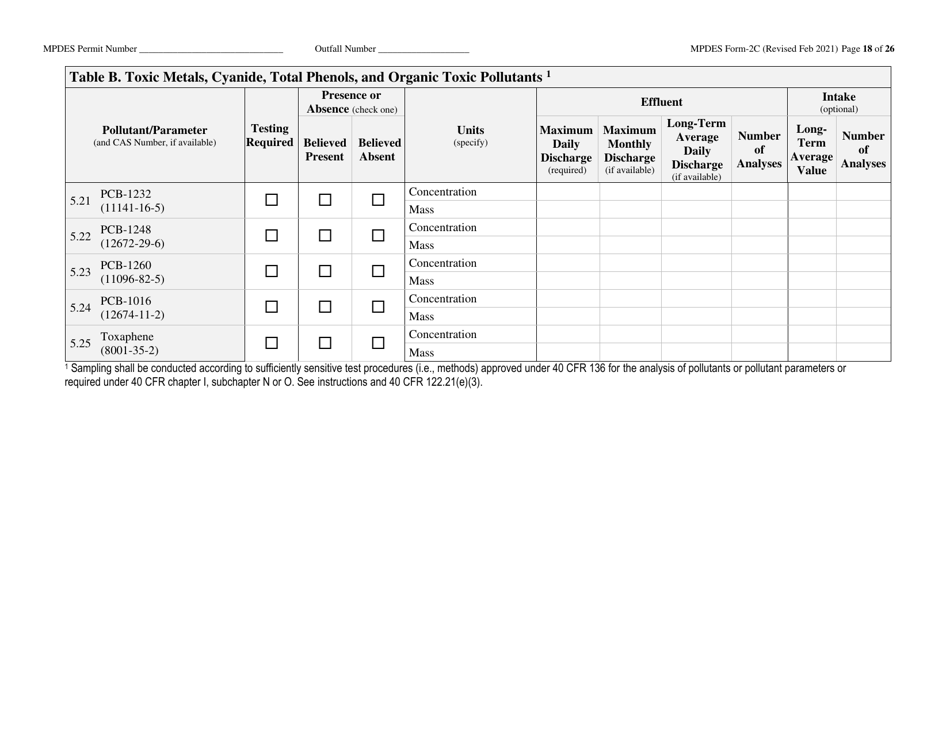 MPDES Form 2C Existing Manufacturing, Commercial, Mining, and Silviculture Operations - Montana, Page 18