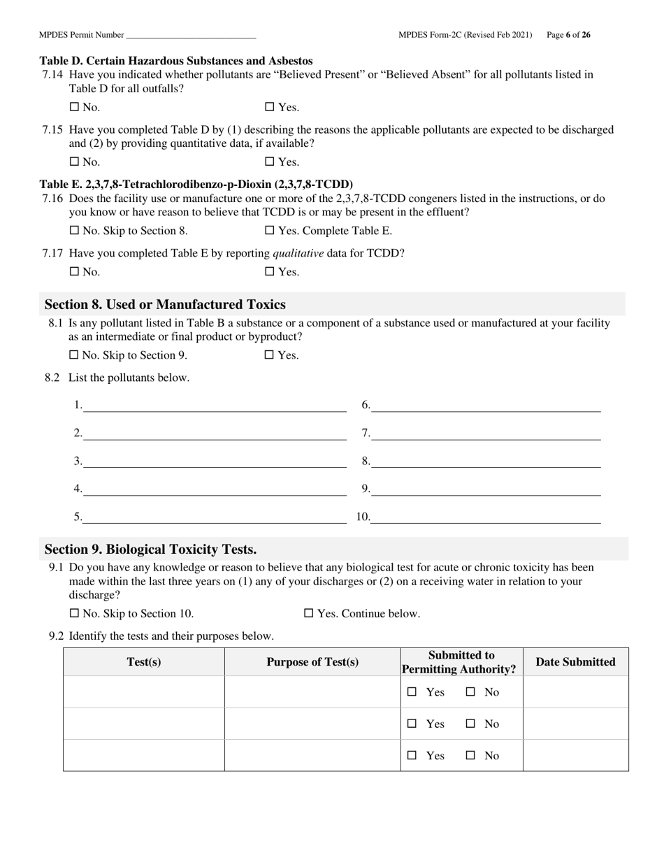 MPDES Form 2C Existing Manufacturing, Commercial, Mining, and Silviculture Operations - Montana, Page 6