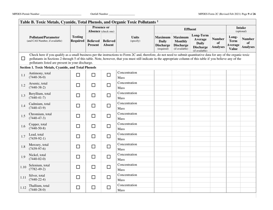 MPDES Form 2C Existing Manufacturing, Commercial, Mining, and Silviculture Operations - Montana, Page 9