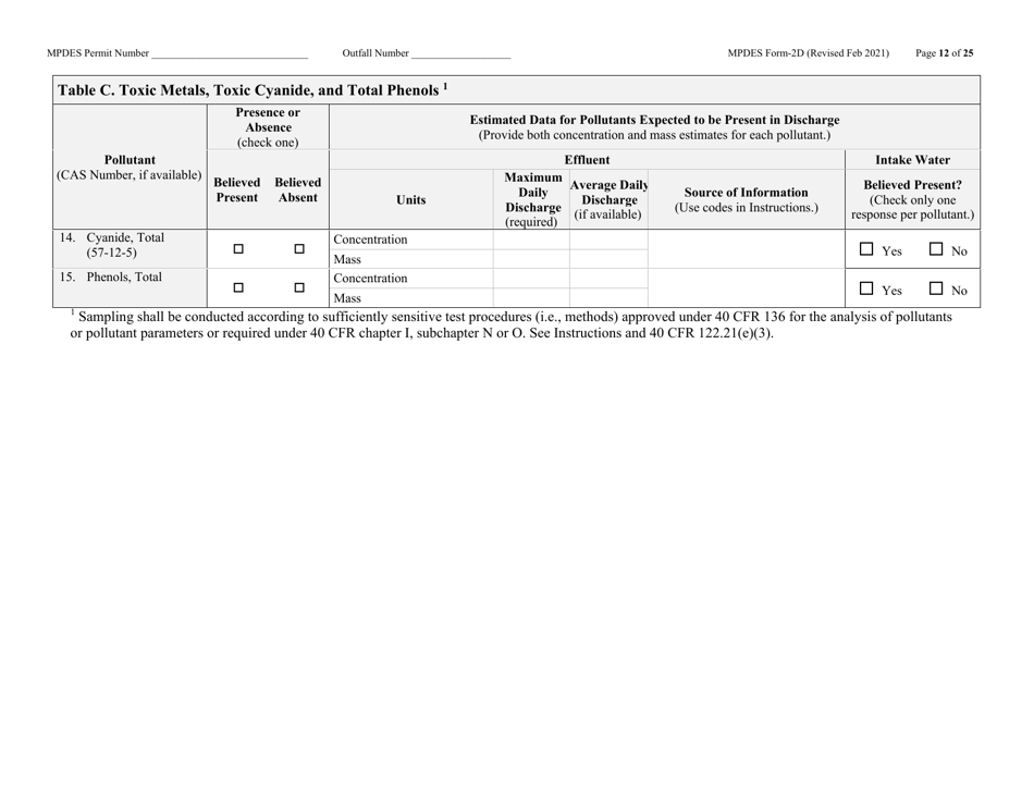 MPDES Form 2D New Manufacturing, Commercial, Mining, and Silviculture Operations - Montana, Page 12