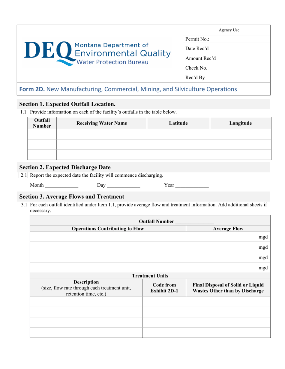 MPDES Form 2D New Manufacturing, Commercial, Mining, and Silviculture Operations - Montana, Page 1