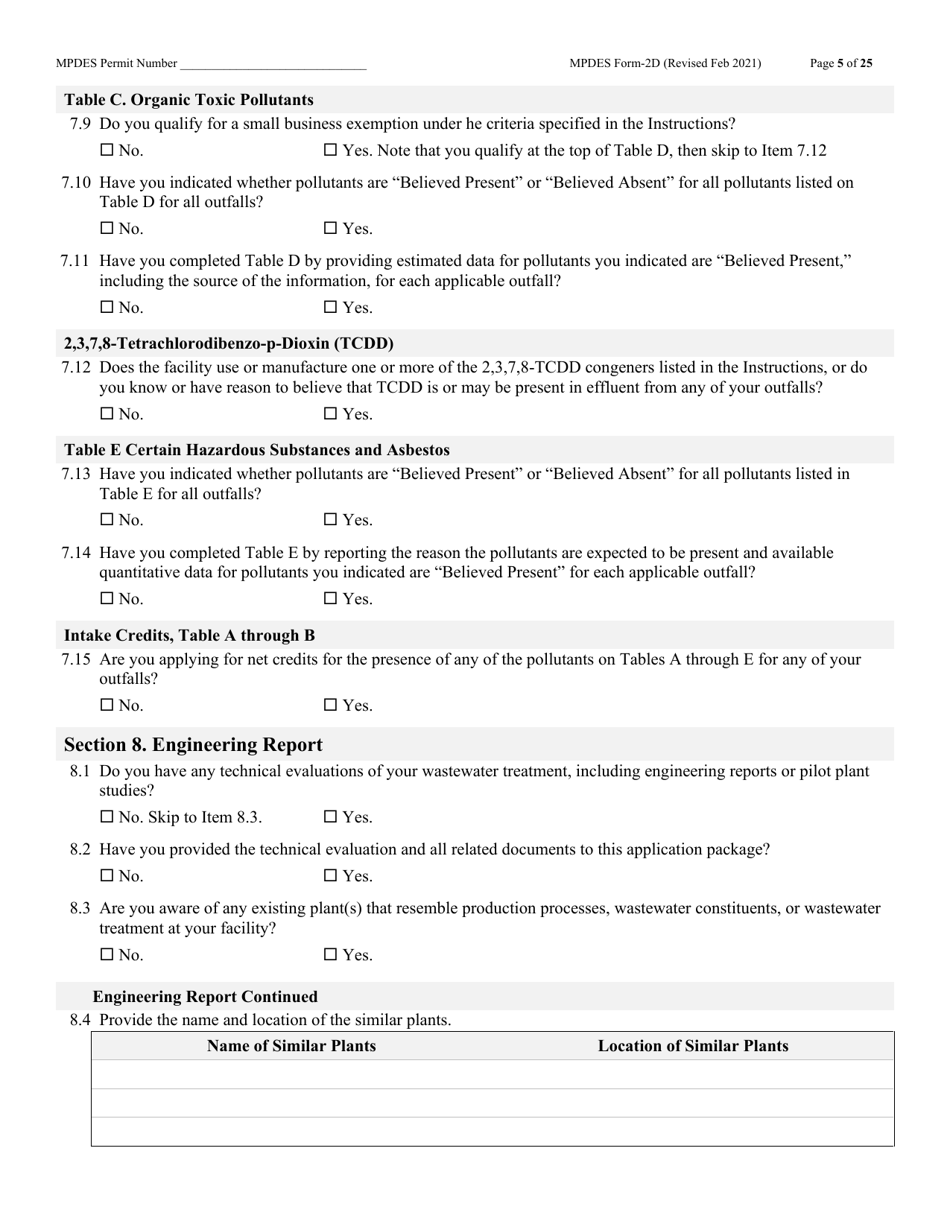 MPDES Form 2D New Manufacturing, Commercial, Mining, and Silviculture Operations - Montana, Page 5
