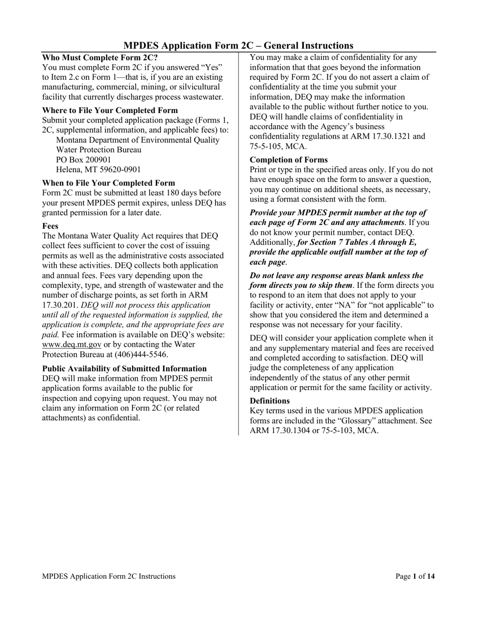 Instructions for MPDES Form 2C Existing Manufacturing, Commercial, Mining, and Silviculture Operations - Montana, Page 1