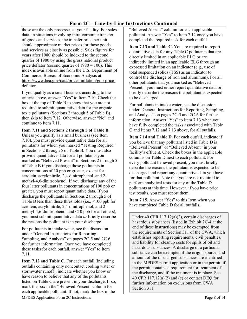 Instructions for MPDES Form 2C Existing Manufacturing, Commercial, Mining, and Silviculture Operations - Montana, Page 8
