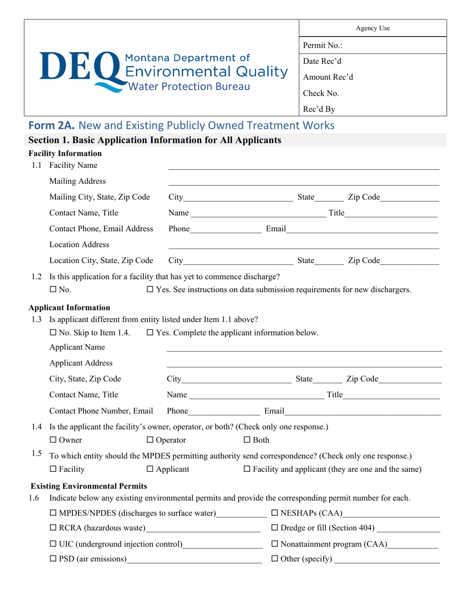 MPDES Form 2A New and Existing Publicly Owned Treatment Works - Montana, Page 1