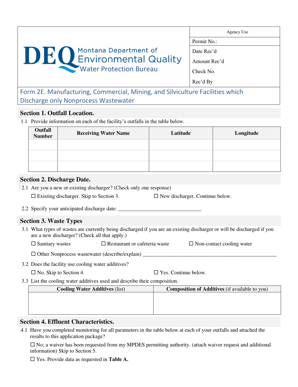 MPDES Form 2E Manufacturing, Commercial, Mining, and Silviculture Facilities Which Discharge Only Nonprocess Wastewater - Montana, Page 1