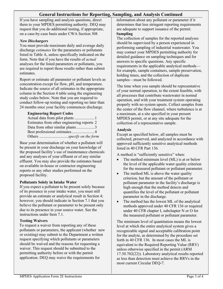 Instructions for MPDES Form 2E Manufacturing, Commercial, Mining, and Silviculture Facilities Which Discharge Only Nonprocess Wastewater - Montana, Page 3
