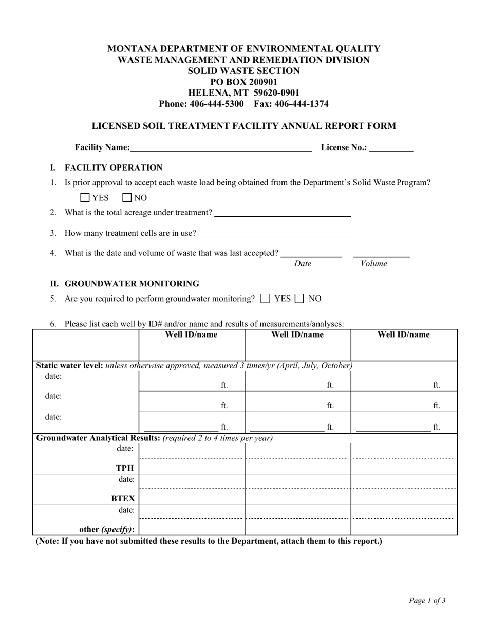 Licensed Soil Treatment Facility Annual Report Form - Montana, Page 1