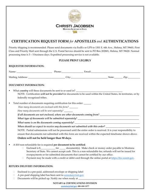 Certification Request Form for Apostilles and Authentications - Montana