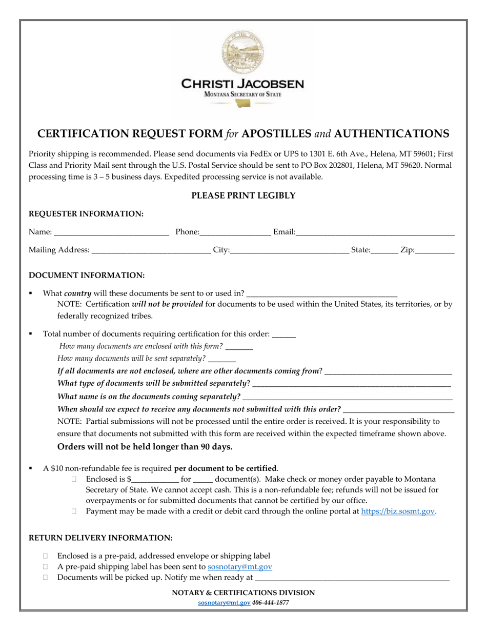 Certification Request Form for Apostilles and Authentications - Montana, Page 1