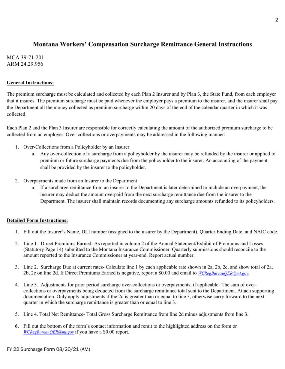 Montana Workers Compensation Surcharge Quarterly Remittal Form - Montana, Page 2