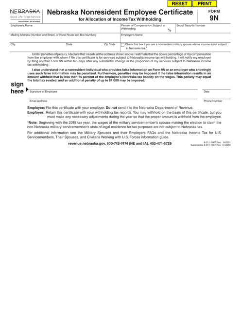Form 9N Nebraska Nonresident Employee Certificate for Allocation of Income Tax Withholding - Nebraska