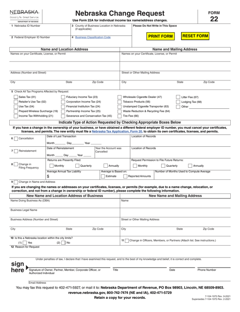 Form 22 Nebraska Change Request - Nebraska