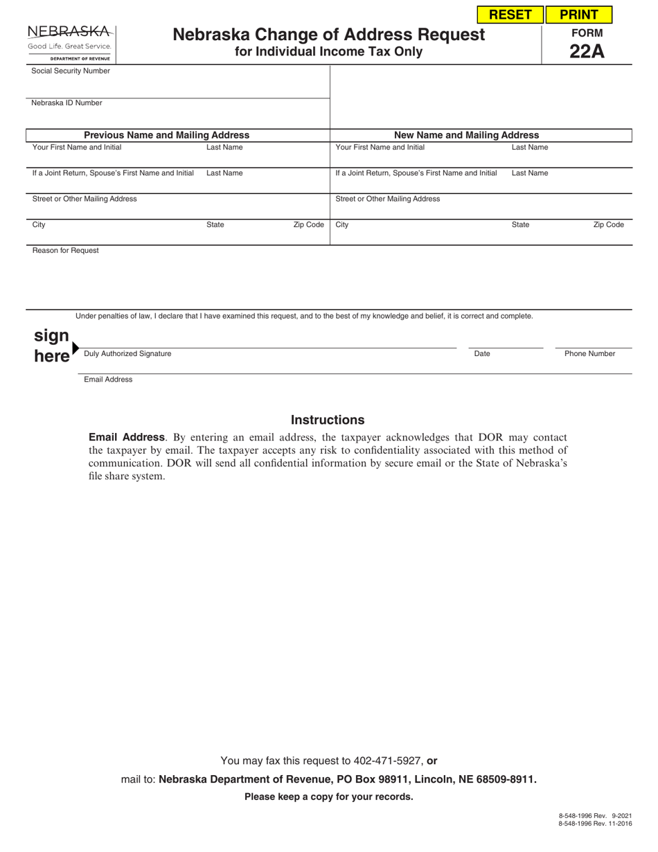 Form 22A Nebraska Change of Address Request for Individual Income Tax Only - Nebraska, Page 1