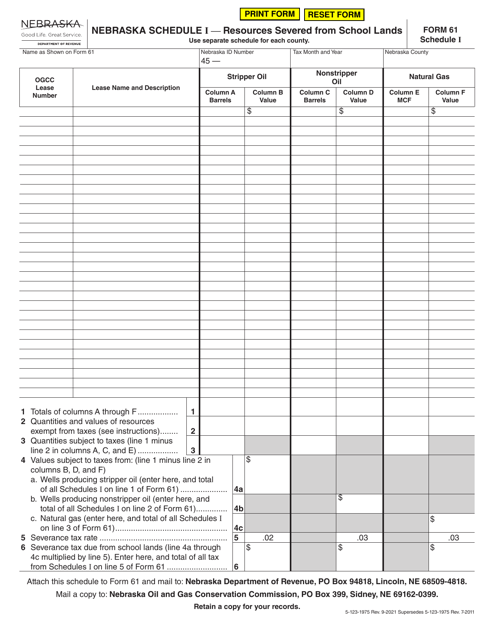 Form 61 Schedule I Resources Severed From School Lands - Nebraska