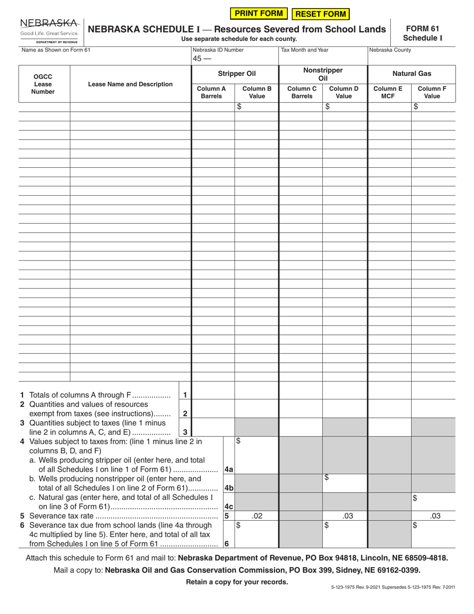 Form 61 Schedule I Resources Severed From School Lands - Nebraska, Page 1