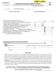 Form 64 Nebraska and County Lodging Tax Return - Nebraska
