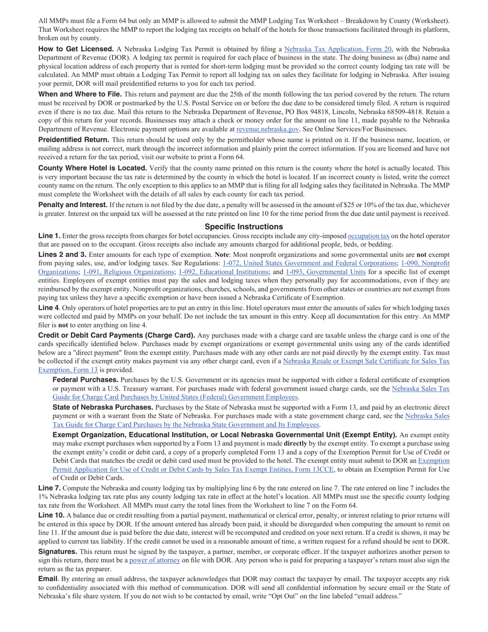 Form 64 Nebraska and County Lodging Tax Return - Nebraska, Page 2