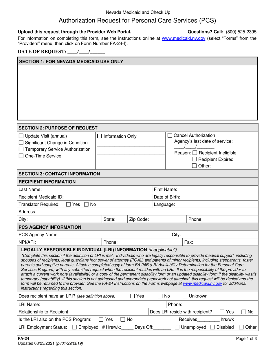 Form FA-24 Authorization Request for Personal Care Services (PCS) - Nevada, Page 1
