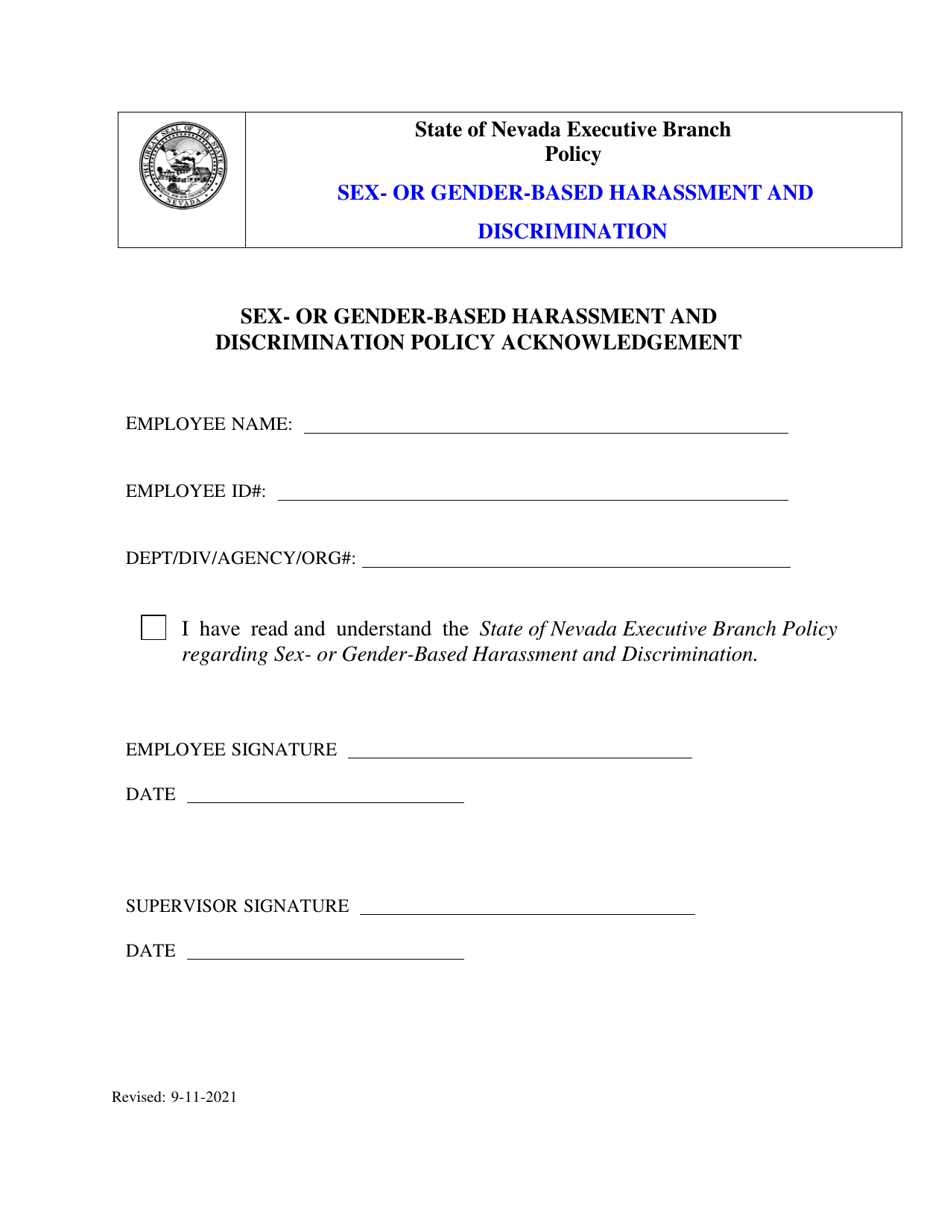 Sex- or Gender-Based Harassment and Discrimination Policy Acknowledgement - Nevada, Page 1