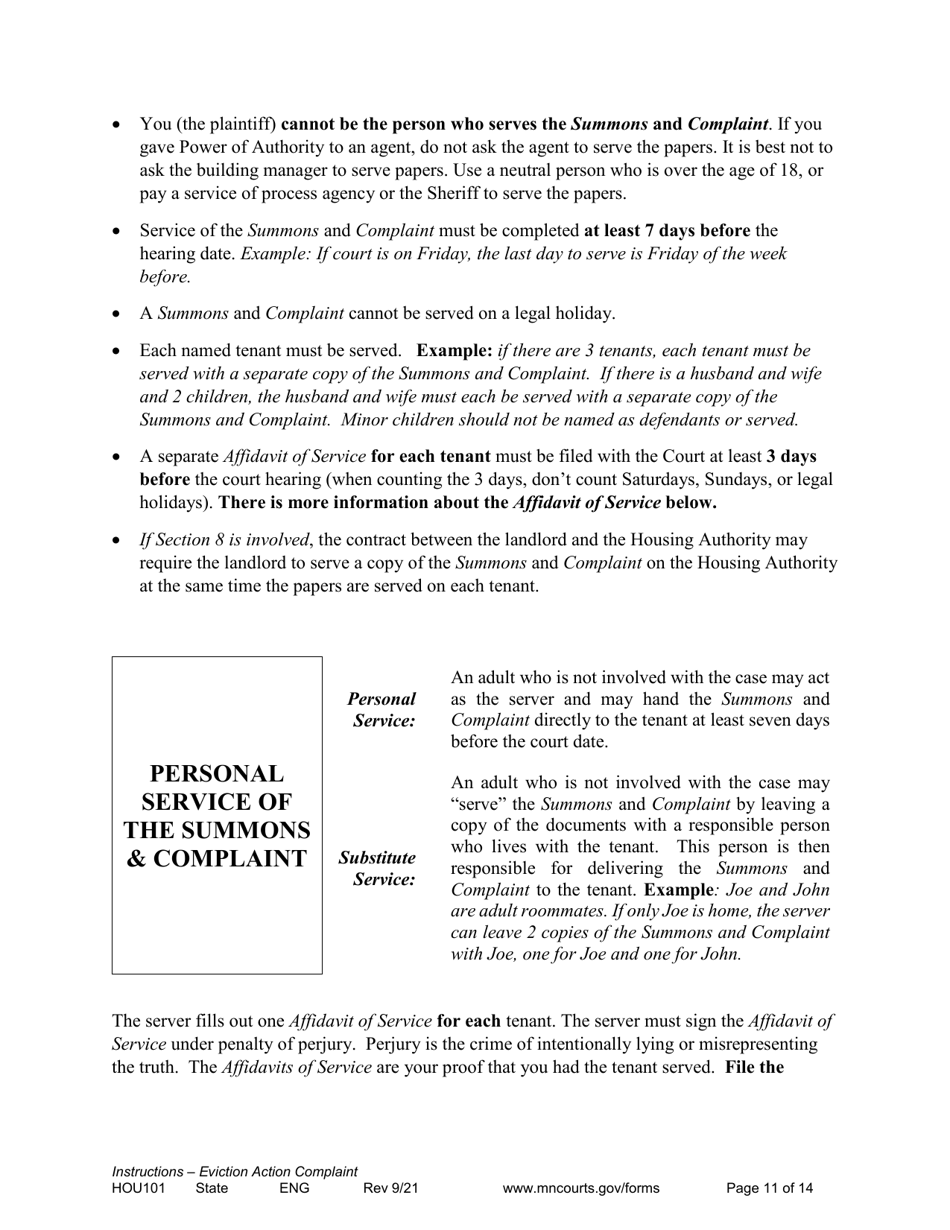 Form HOU101 Instructions - Eviction Action Complaint - Minnesota, Page 11