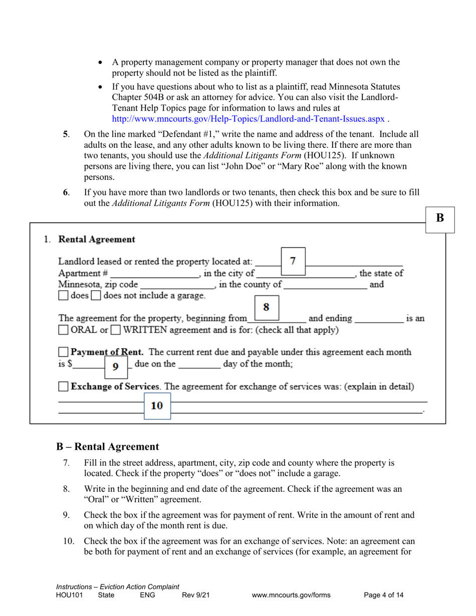 Form HOU101 Instructions - Eviction Action Complaint - Minnesota, Page 4
