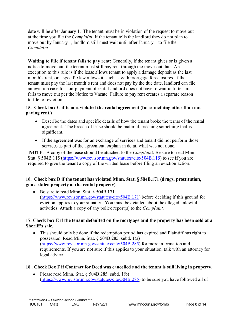 Form HOU101 Instructions - Eviction Action Complaint - Minnesota, Page 8