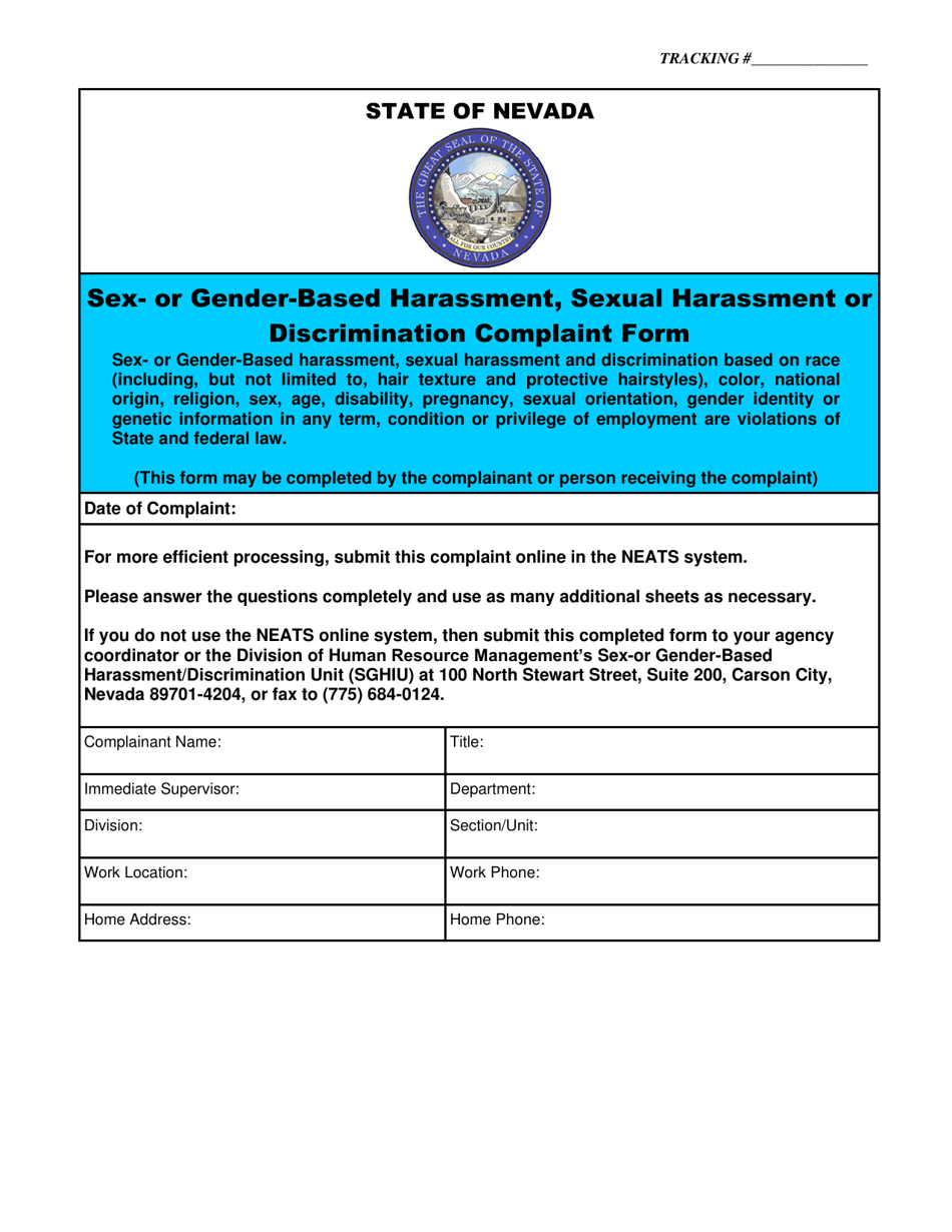 Form HR-30 Sex- or Gender-Based Harassment, Sexual Harassment or Discrimination Complaint Form - Nevada, Page 1
