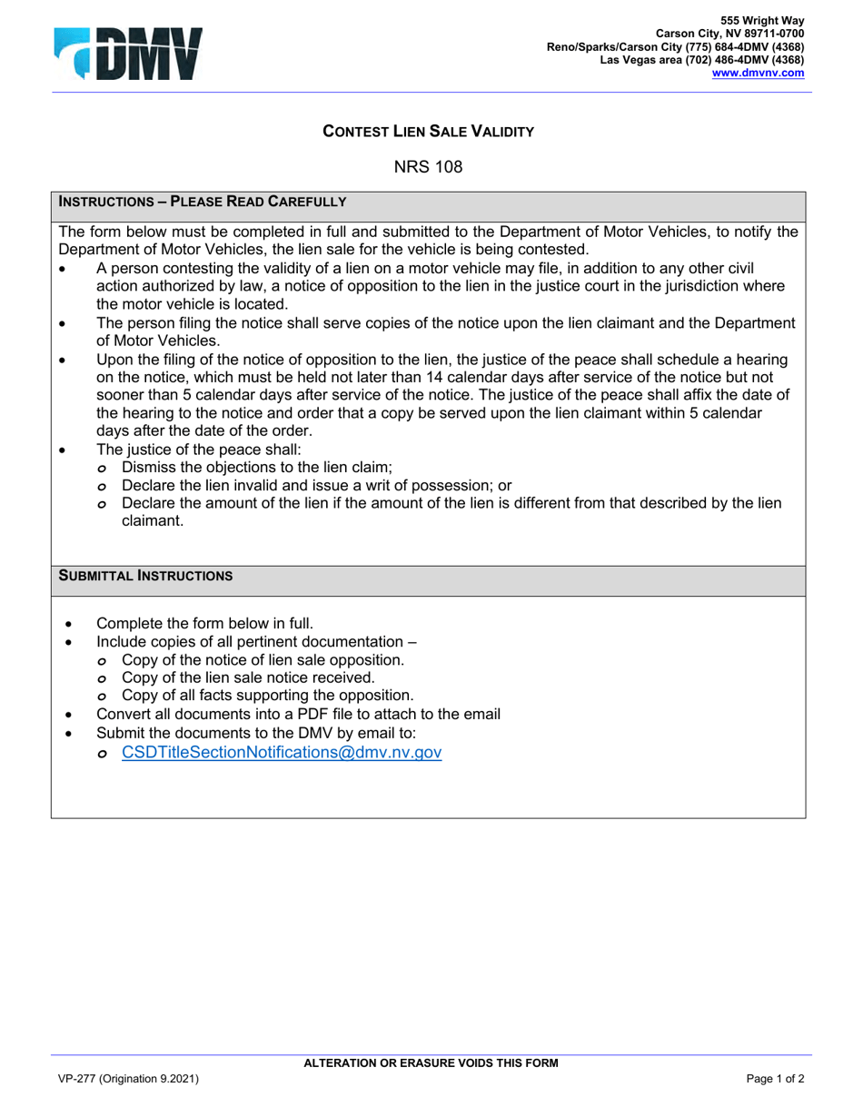 Form VP-277 - Fill Out, Sign Online and Download Fillable PDF, Nevada ...