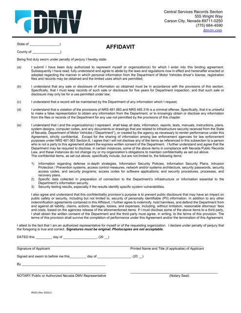 Form IR003 Affidavit - Nevada