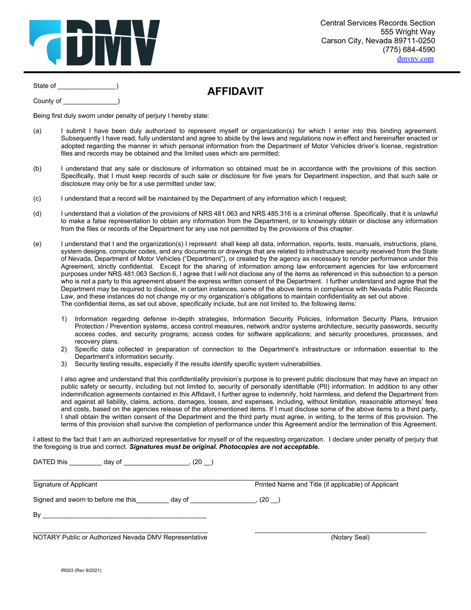 Form IR003 Affidavit - Nevada, Page 1