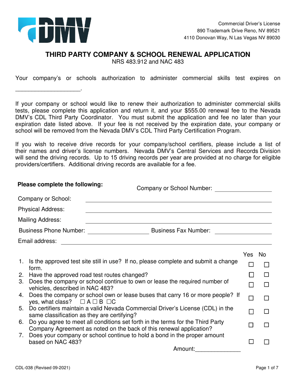 Form CDL-038 Third Party Company  School Renewal Application - Nevada, Page 1