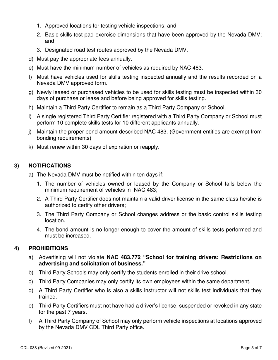 Form CDL-038 Third Party Company  School Renewal Application - Nevada, Page 3