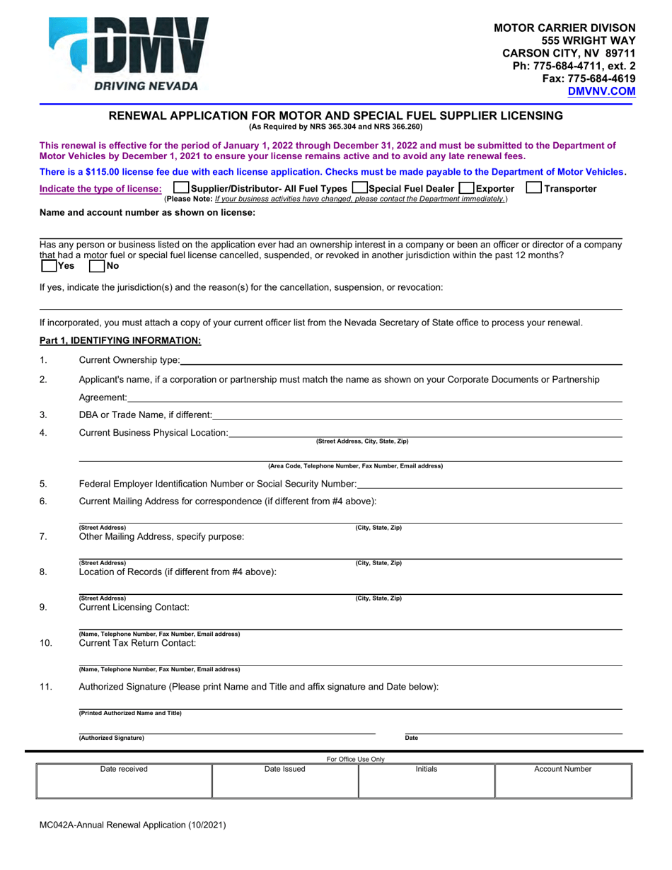 Form MC042A Renewal Application for Motor and Special Fuel Supplier Licensing - Nevada, Page 1