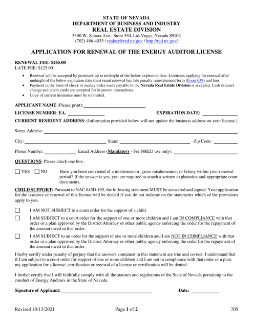 Form 705 Application for Renewal of the Energy Auditor License - Nevada