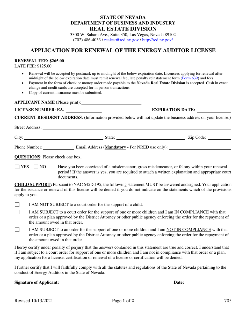 Form 705 Application for Renewal of the Energy Auditor License - Nevada, Page 1
